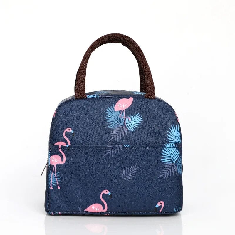 Sac à Lunchbox isotherme en tissu imprimé Bleu Marine avec des Flamants Roses