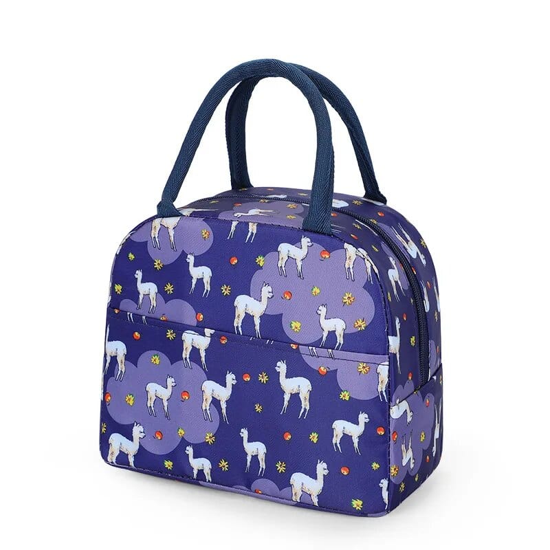 Sac à Lunchbox isotherme en tissu imprimé Violet avec des petits Lamas