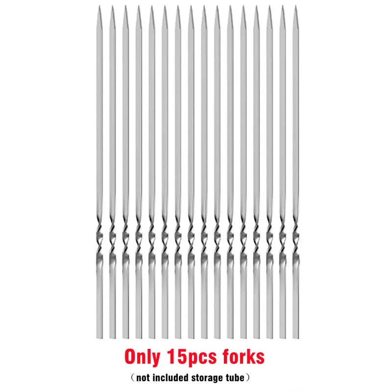 Stainless Steel Barbecue Skewer BBQ Shish Kebab Flat Forks Storage Tube For Outdoor Camping Picnic Cooking Tools Reusable 20Pcs Only 15pcs forks