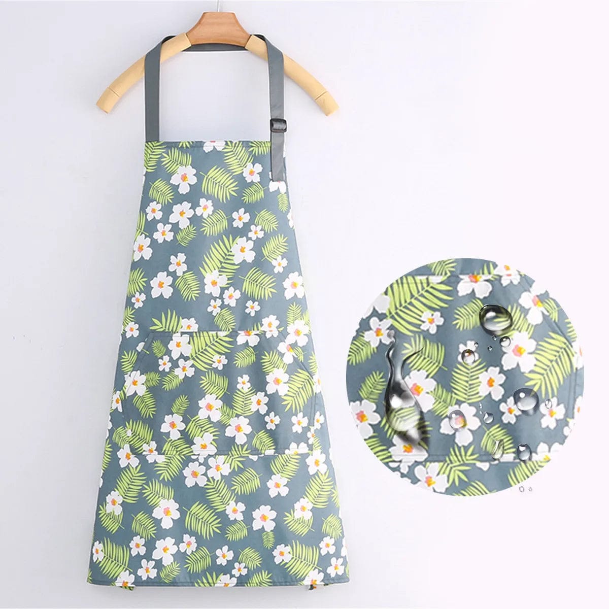 Tablier de cuisine en toile de coton imperméable, motifs fleurs ou chats Fleurs Blanches sur fond Vert