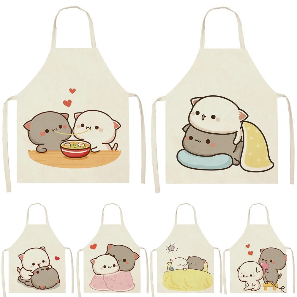 Tablier en Lin Mignon avec Imprimé de Chat Cartoon - Taille Adulte 68x55cm - Cuisine, Restaurant, Chef, Cuisson