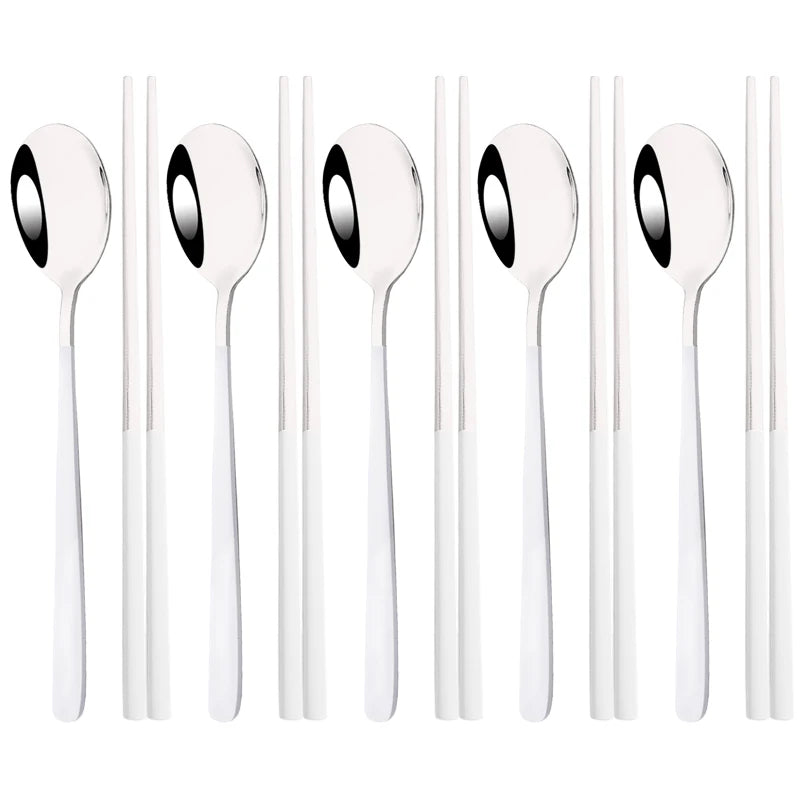 Set couverts coréens inox 304 argenté manche blanc – 5 cuillères et 5 paires de baguettes