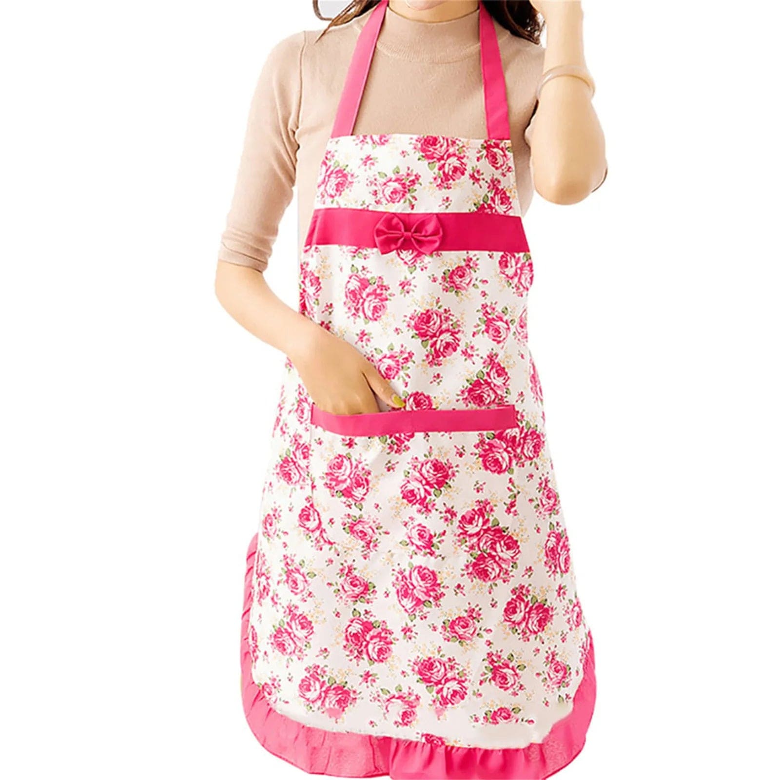 Women's Kitchen Floral Apron With Pockets And Adjustable Waist Belt Waterproof Women's Bib Apron Hot Pink / One Size