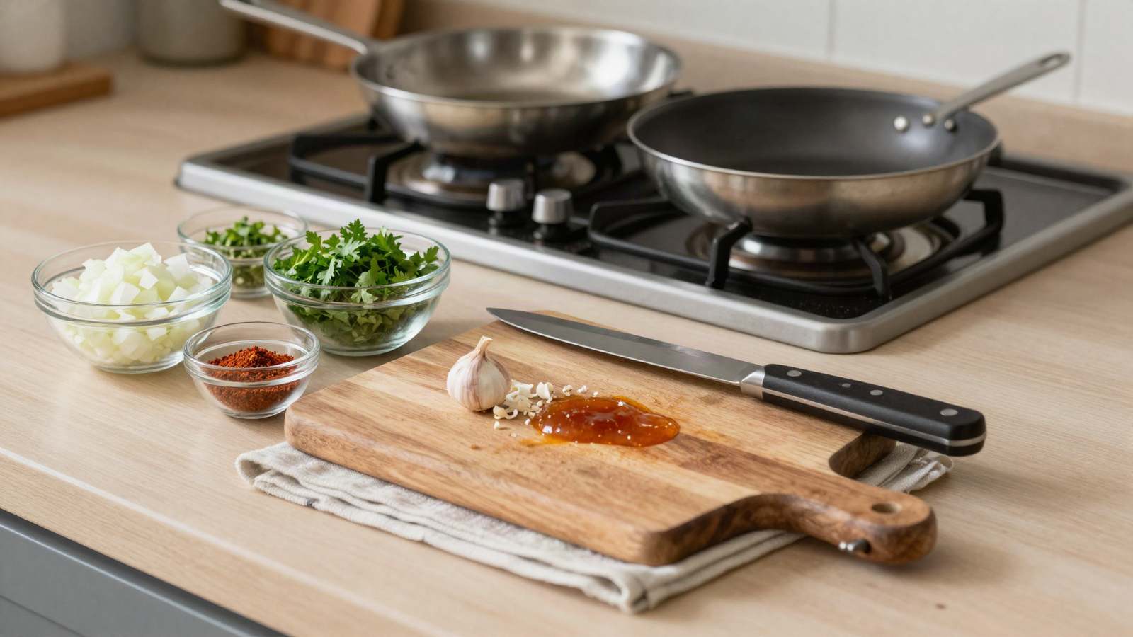 Mise en place dans une cuisine de particulier : bols d'ingrédients préparés, planche sur un torchon et poêles en inox sur le feu