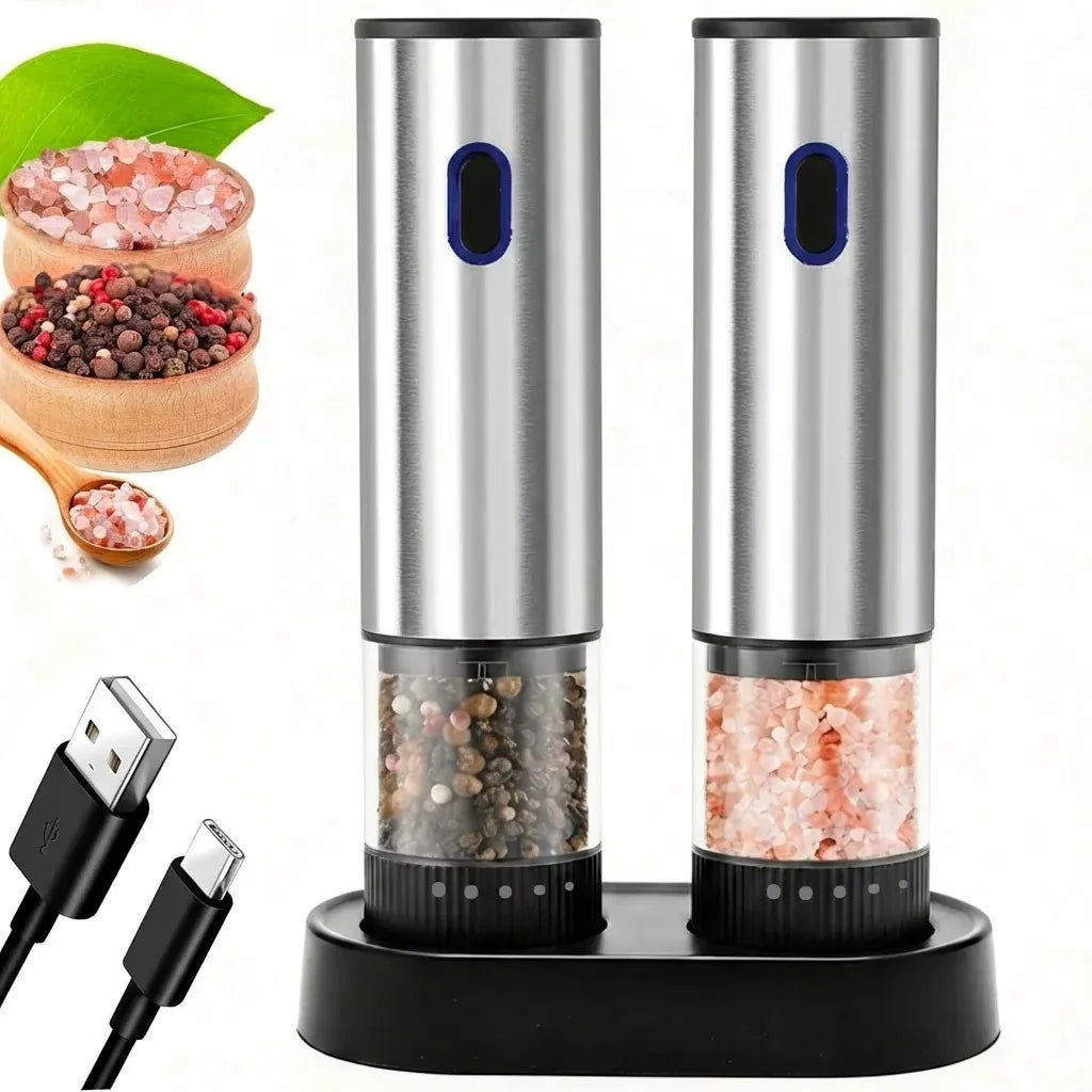 Set de 2 Moulins à Sel et Poivre Électriques Rechargeables USB-C avec Socle, Inox