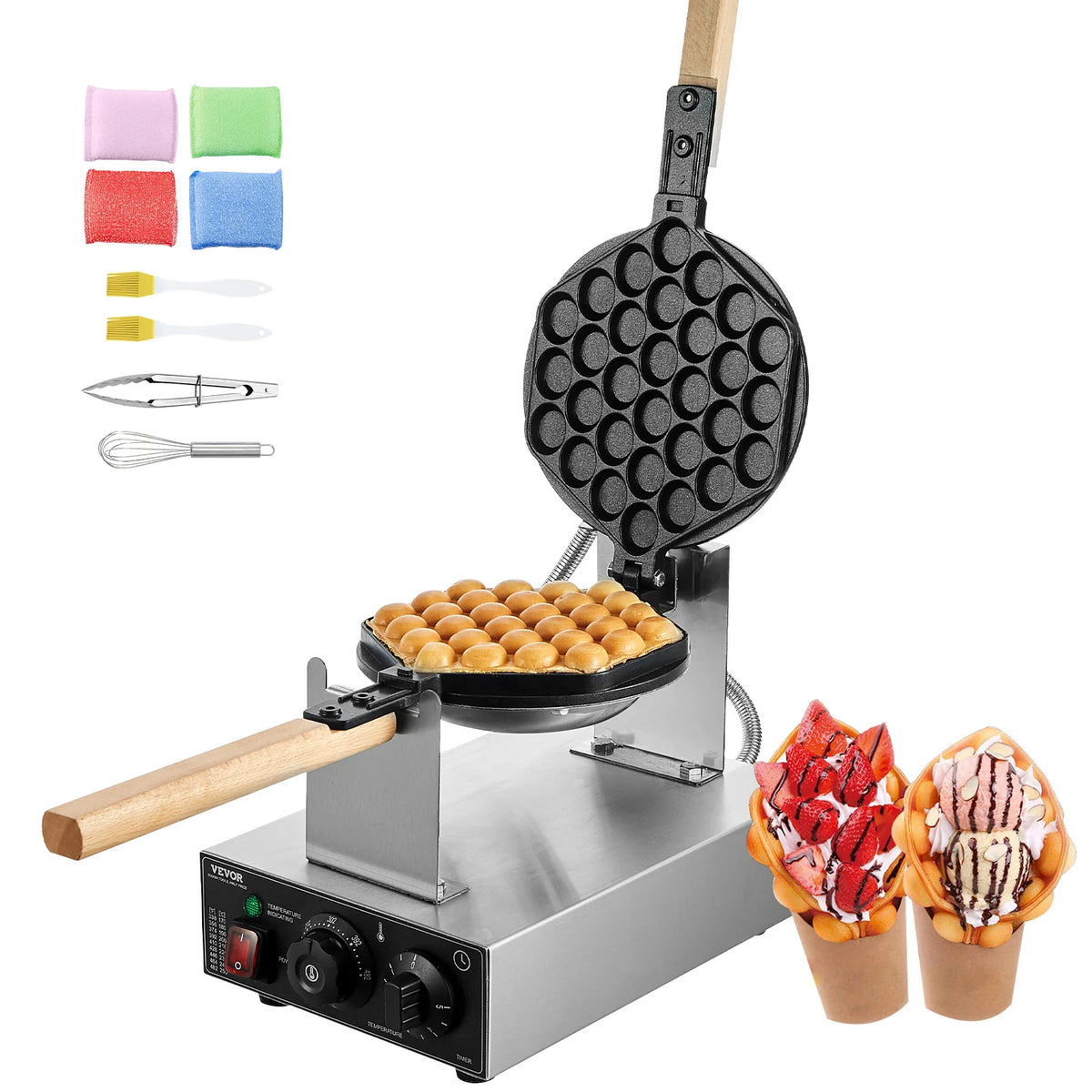 Gaufrier Bubble Waffle Électrique 1400 W en Inox – Plaque Rotative 180° et Minuterie