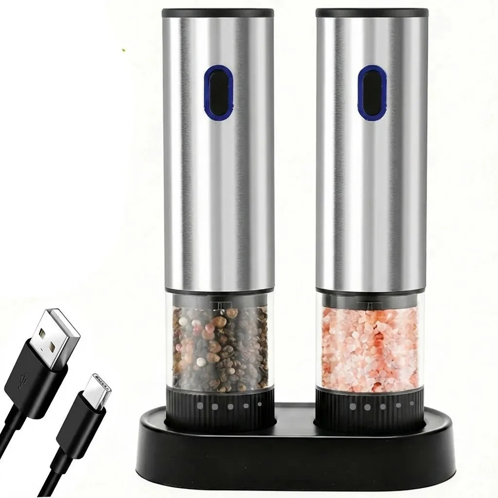 Set de 2 Moulins à Sel et Poivre Électriques Rechargeables USB-C avec Socle, Inox