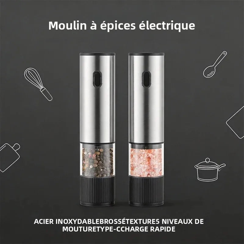 Set de 2 Moulins à Sel et Poivre Électriques Rechargeables USB-C avec Socle, Inox