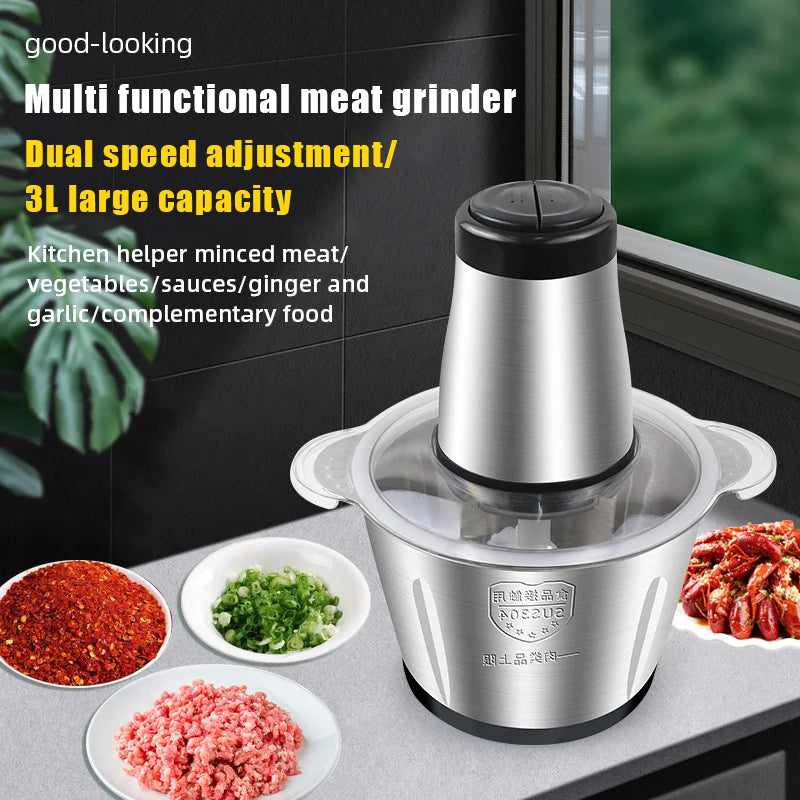 Hachoir Électrique Multifonction 3L Inox 304 — 300 W, 2 Vitesses, 4 Lames