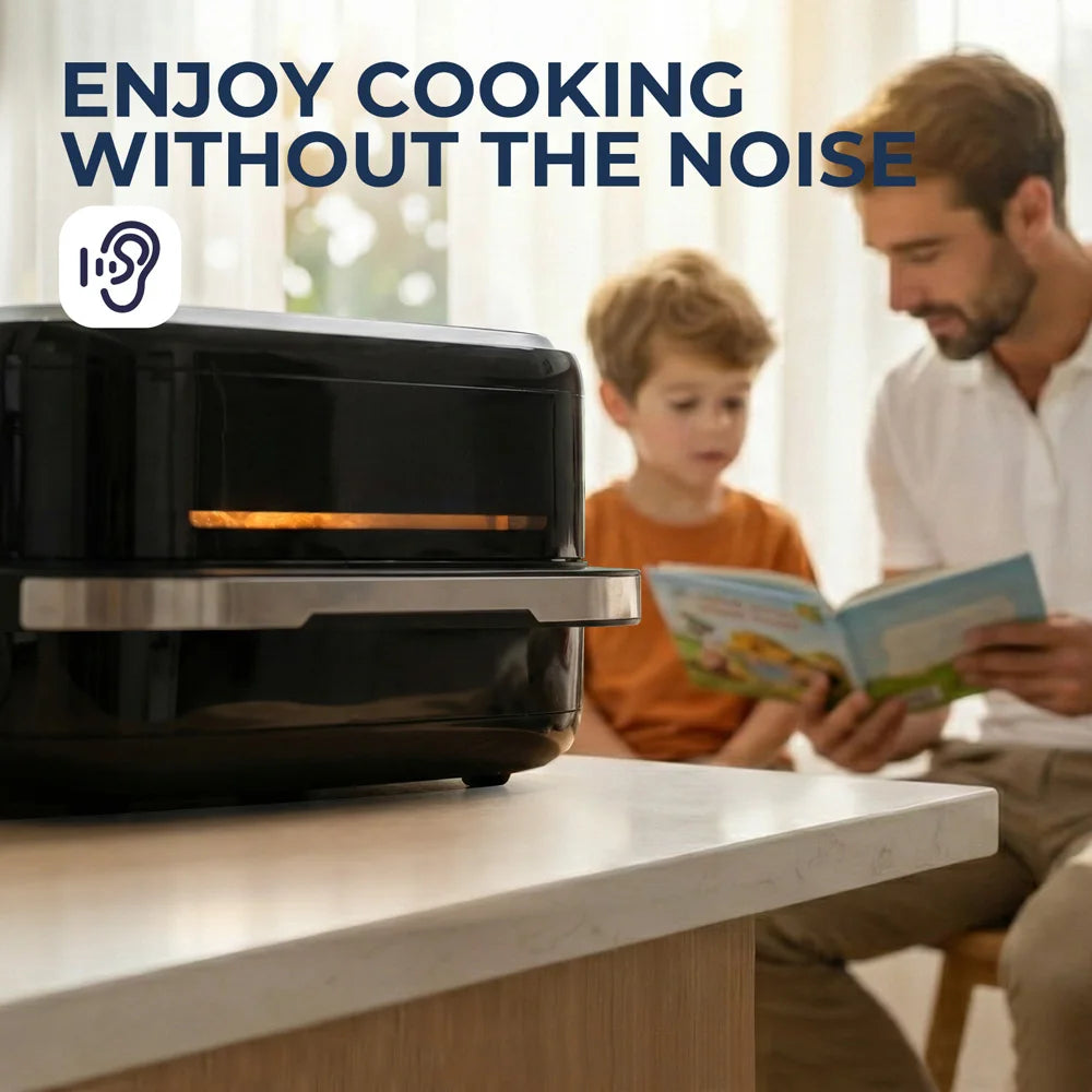 Air fryer four à pizza en marche dans une cuisine pendant la lecture d'un livre