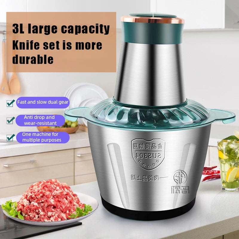 Hachoir Électrique Multifonction 3L Inox 304 — 300 W, 2 Vitesses, 4 Lames