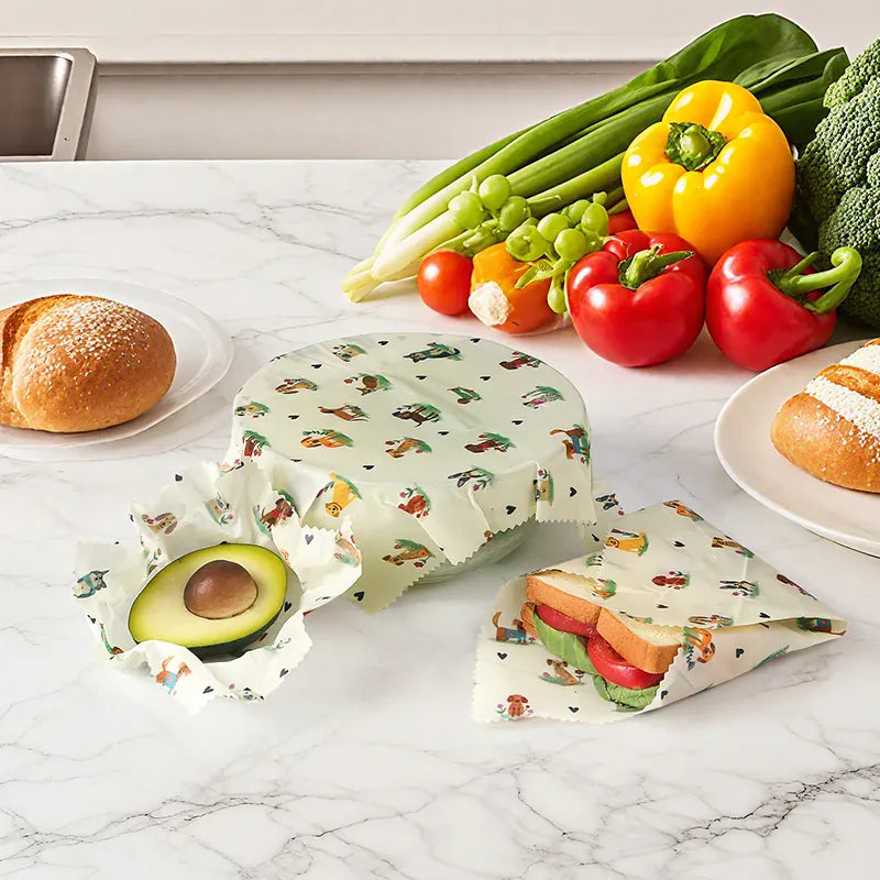 Film Alimentaire Cire d'Abeille Lot de 6 Réutilisables Décorés far