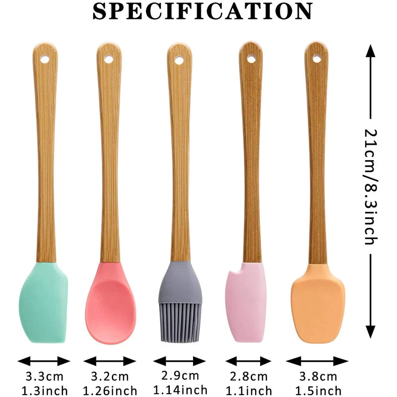 Set Spatules Silicone 5 pièces Résistantes à la Chaleur avec Manche en Bambou