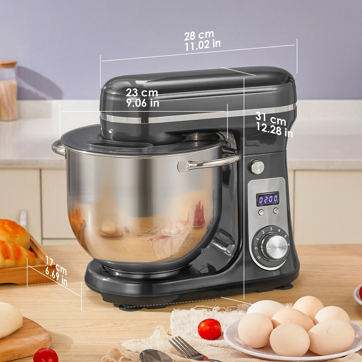 Dimensions du robot pâtissier 6 L gris