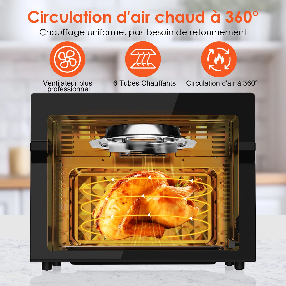 Circulation d'air chaud à 360 degrés autour d'un poulet sur le tournebroche
