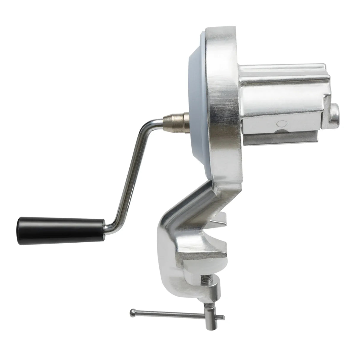 Vue de profil de la machine à cavatelli avec serre-joint et manivelle