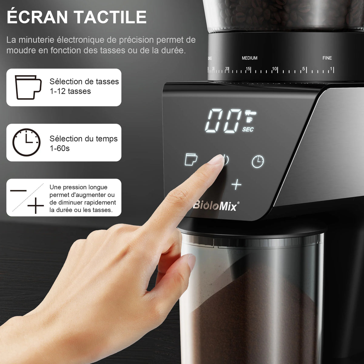 Écran tactile : sélection des tasses et du temps