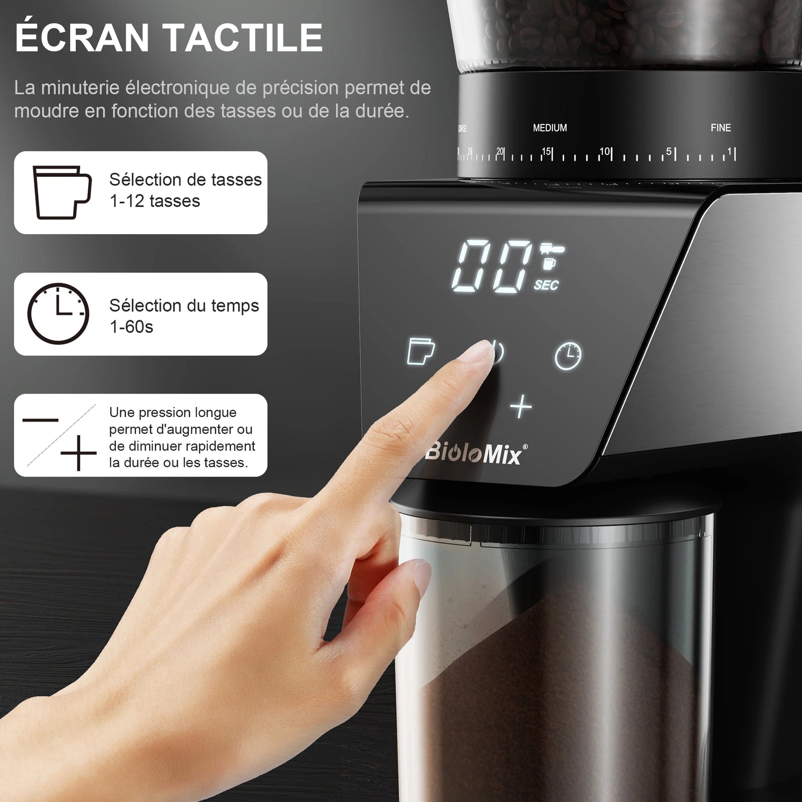 Écran tactile : sélection des tasses et du temps