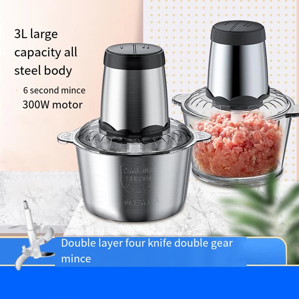 Hachoir électrique 3L en acier inoxydable | 300W et rapide