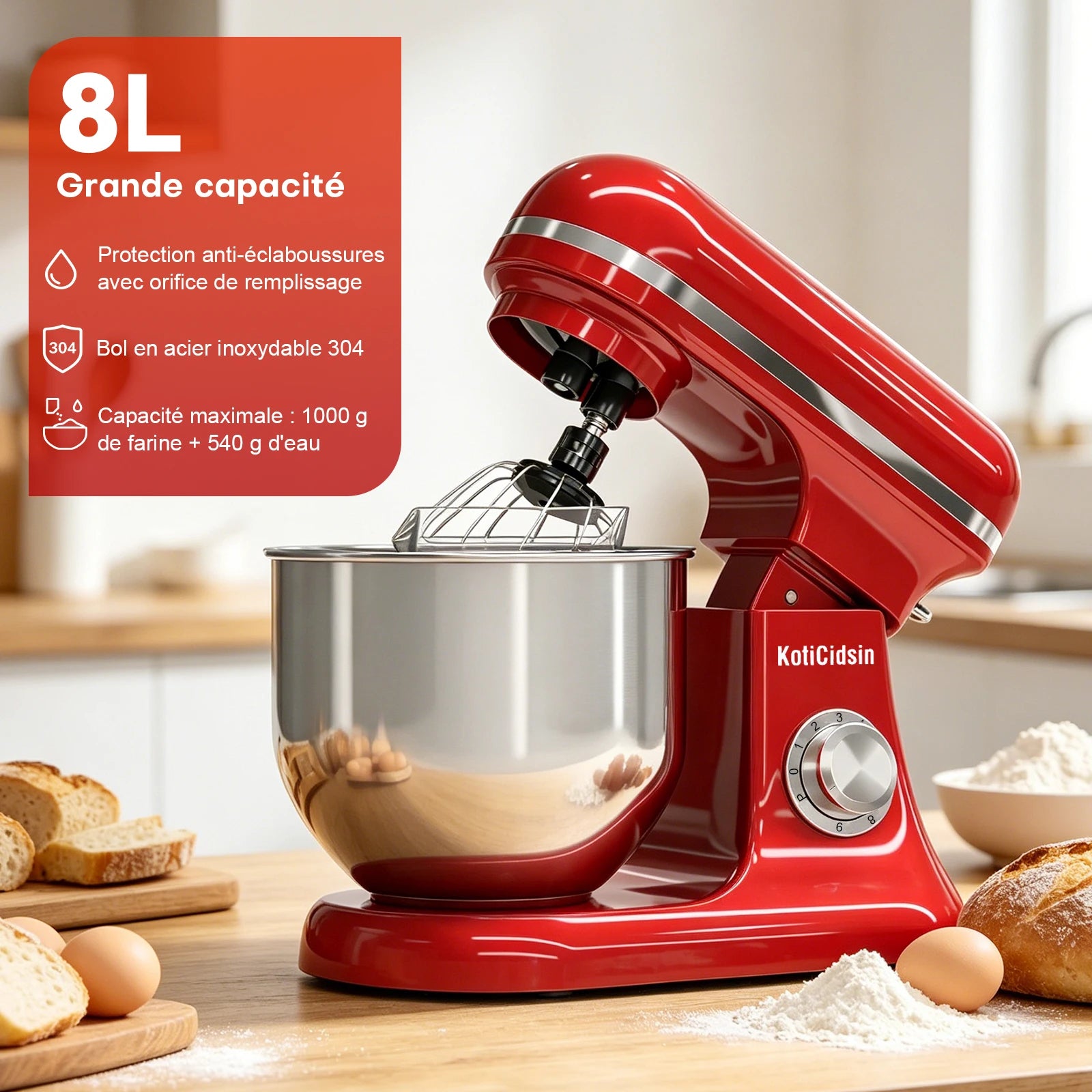 Robot pâtissier 8 L, bol inox 304, couvercle anti-éclaboussures
