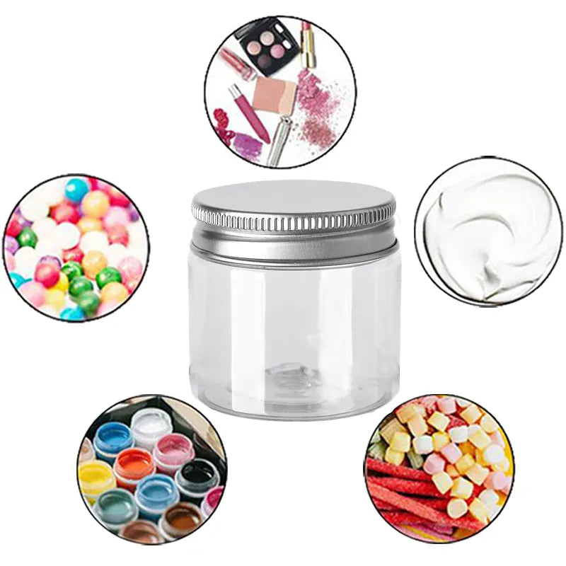 Lot de 50 Pots en Plastique PET Alimentaire 30–150 ml avec Couvercle Aluminium Vissé