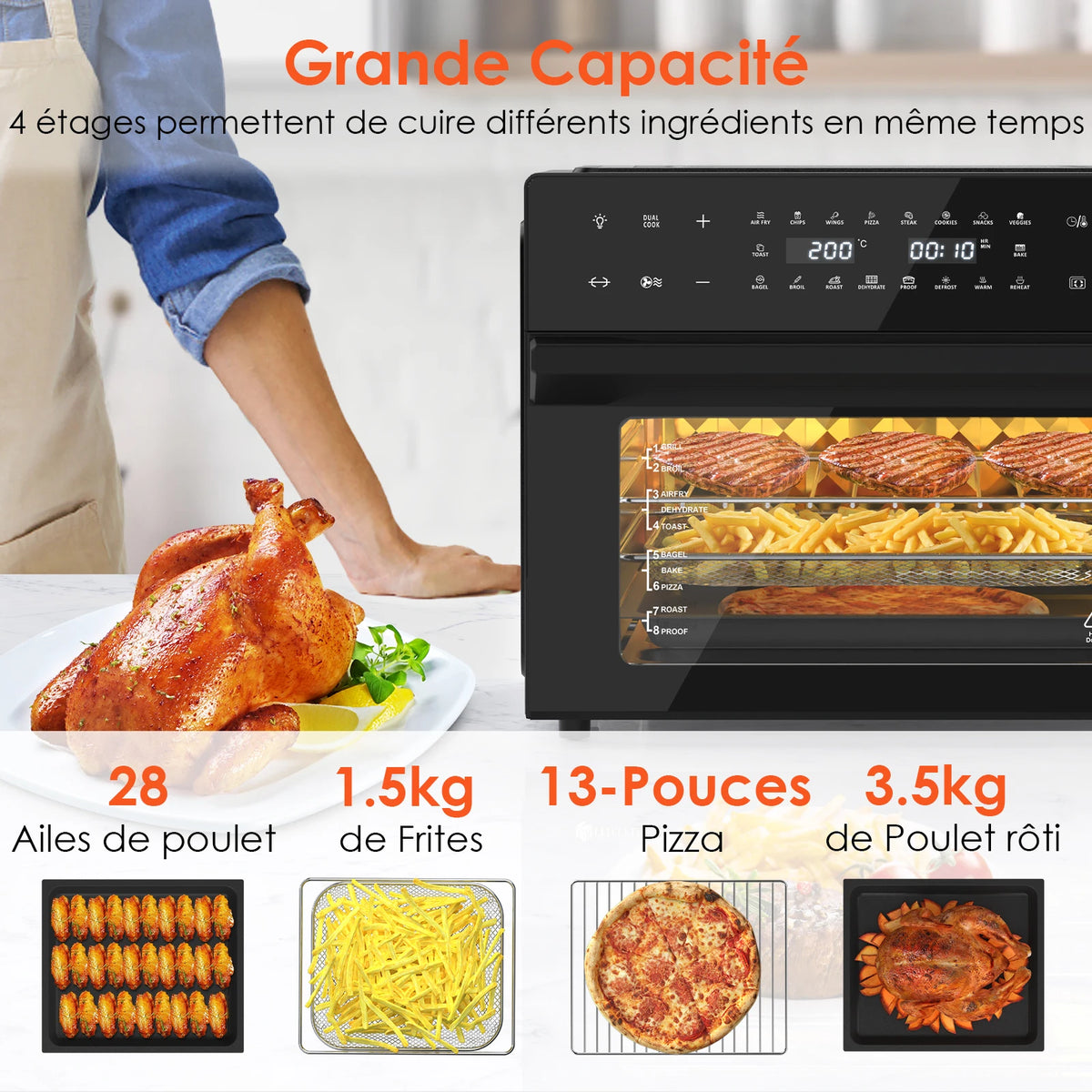 Four air fryer 30 L chargé sur plusieurs niveaux avec ailes de poulet et frites