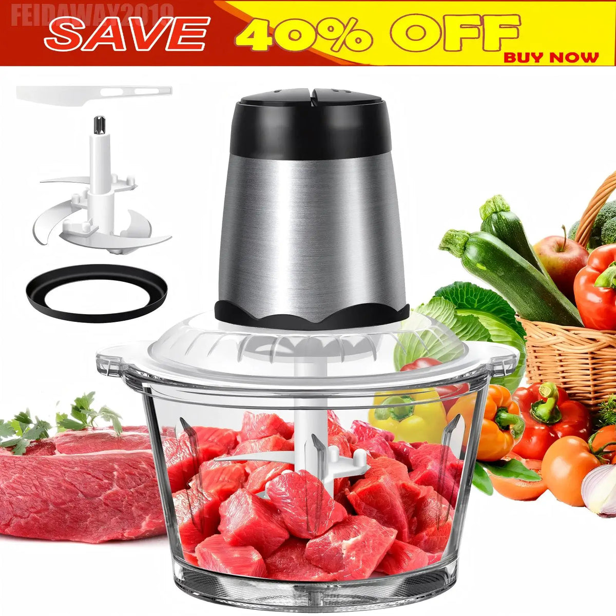 Hachoir électrique multifonction 2L 300W inox et verre transparent