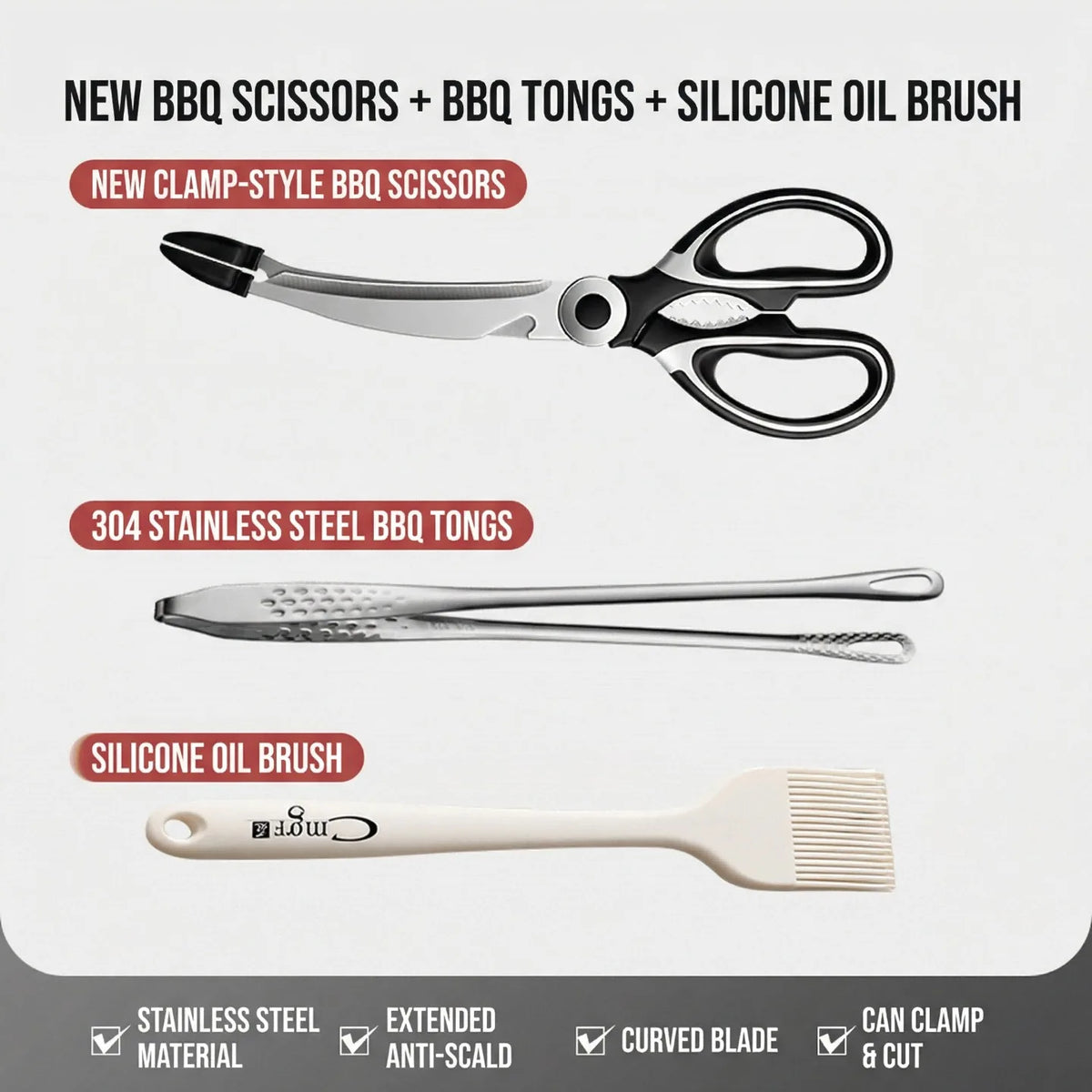 Ciseaux BBQ Multi-Fonctions Inox 304 avec Pince et Brosse Accessoire