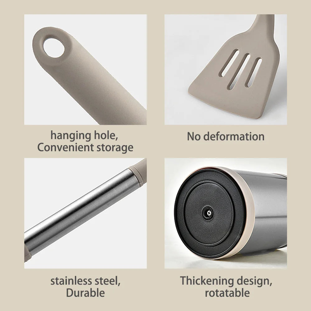 Set d'ustensiles de cuisine en silicone avec poignées en acier inoxydable