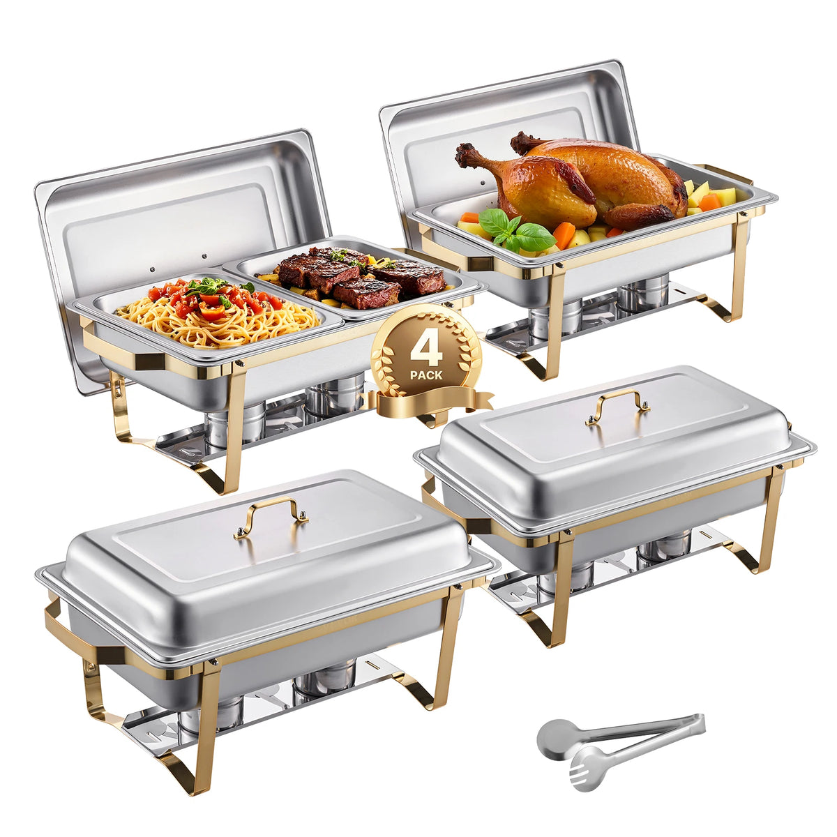 Lot de 4 chafing dishes inox cadre doré avec bacs et pince de service