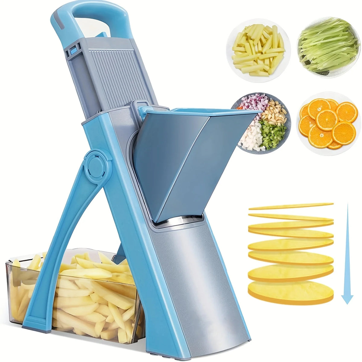 Mandoline Réglable 4 Modes avec Récipient de Rangement Bleu