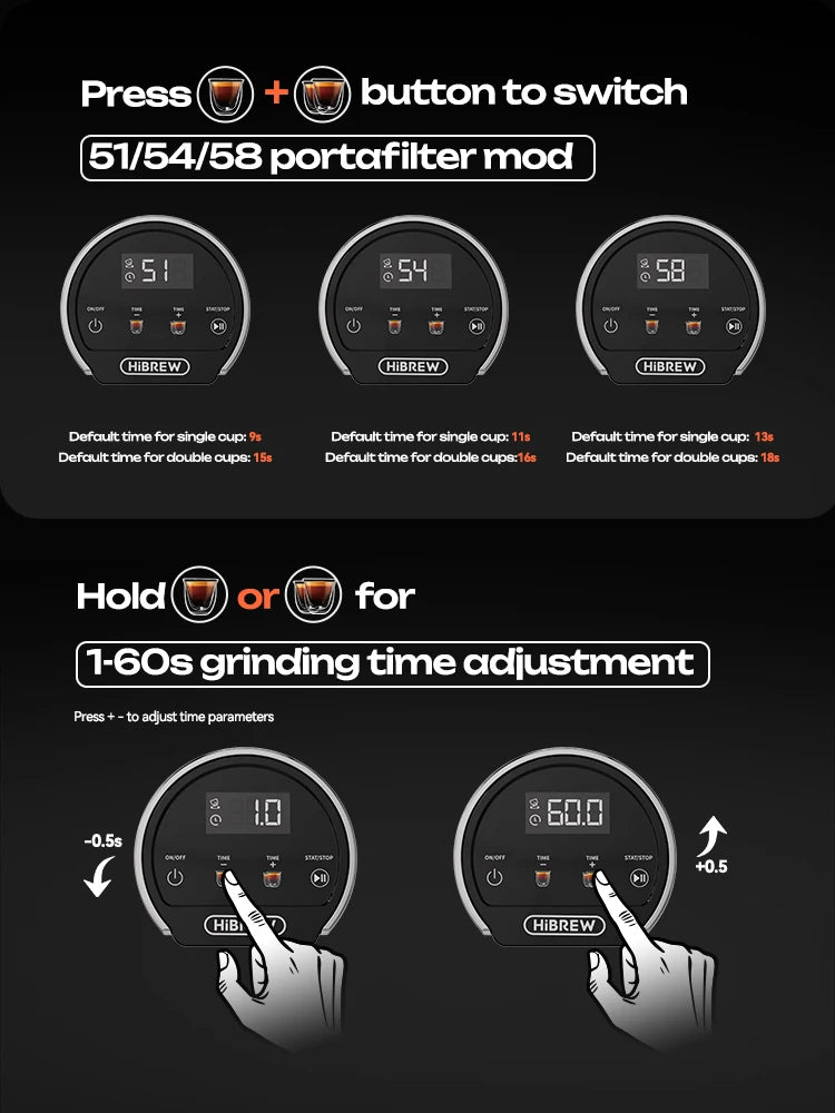 Modes porte-filtre 51, 54 et 58 mm et réglage du temps
