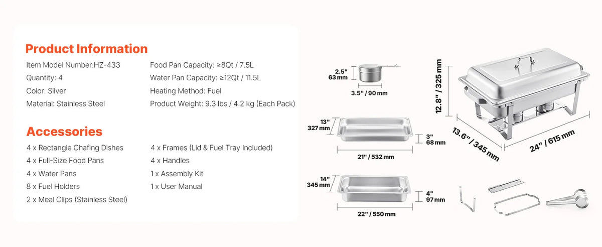 Dimensions et contenu du lot de chafing dishes argenté