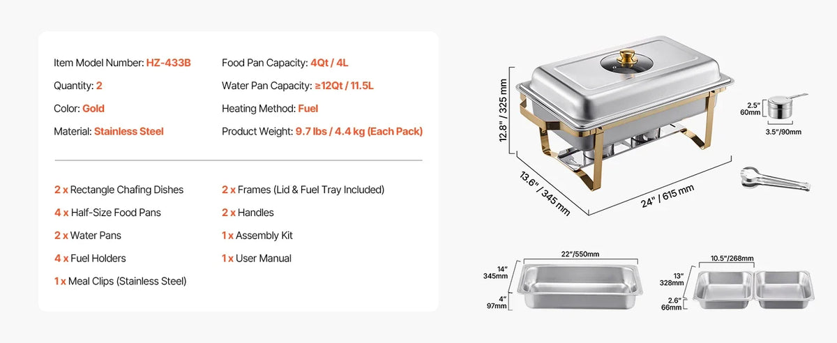 Contenu et dimensions du lot de 2 chafing dishes : 4 demi-bacs
