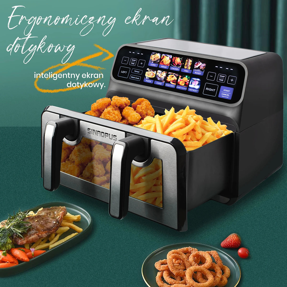 Tiroir de l'air fryer 9 L ouvert avec nuggets et frites