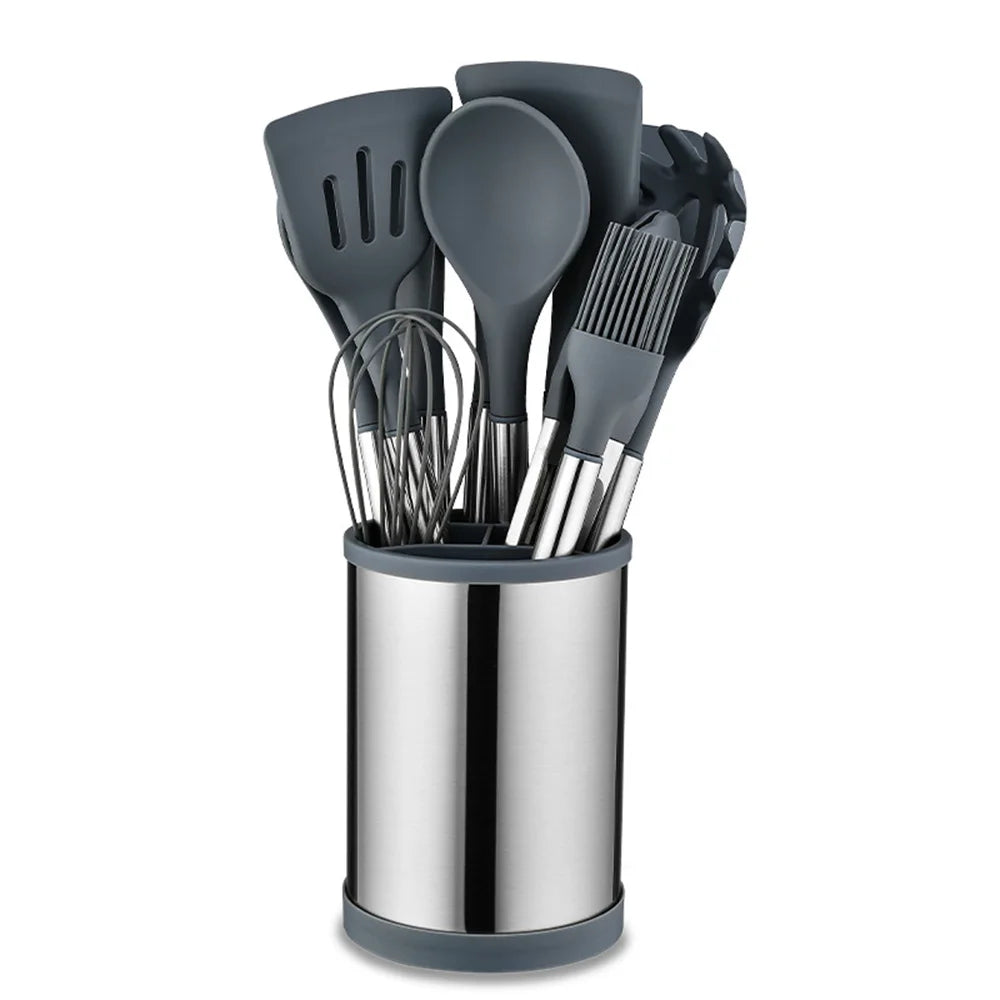 Set d'ustensiles de cuisine en silicone avec poignées en acier inoxydable