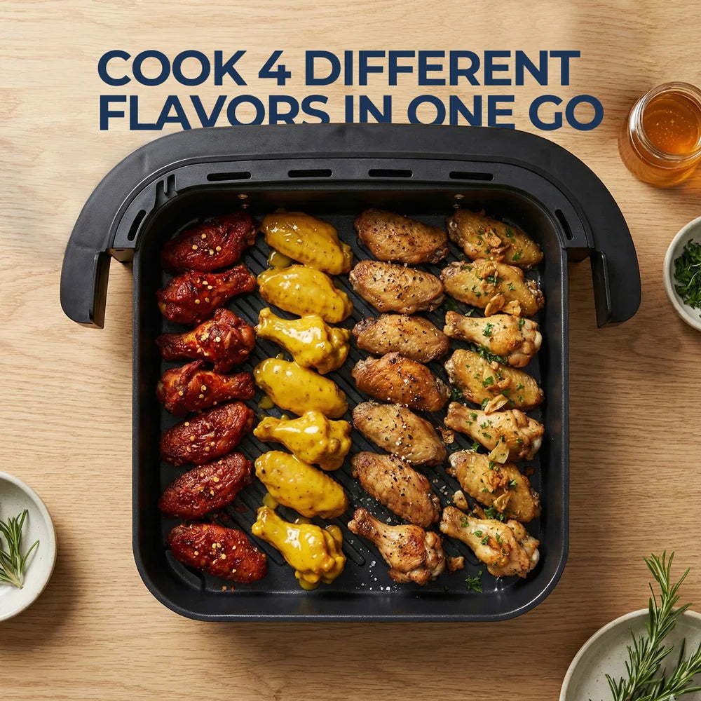 Panier carré de l'air fryer four à pizza rempli d'ailes de poulet
