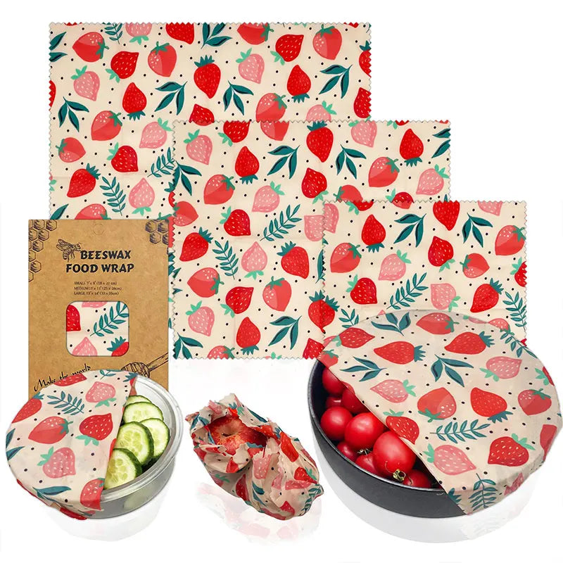Film Alimentaire Réutilisable Cire d'Abeille – Lot de 3 Tailles, Motifs Fraises