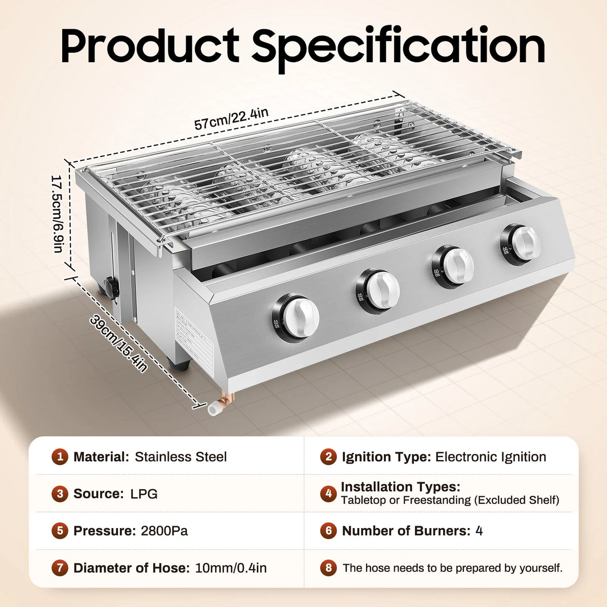 Plancha Gaz 4 Brûleurs Inox – Barbecue de Table Sans Fumée, Grille Amovible (GPL)