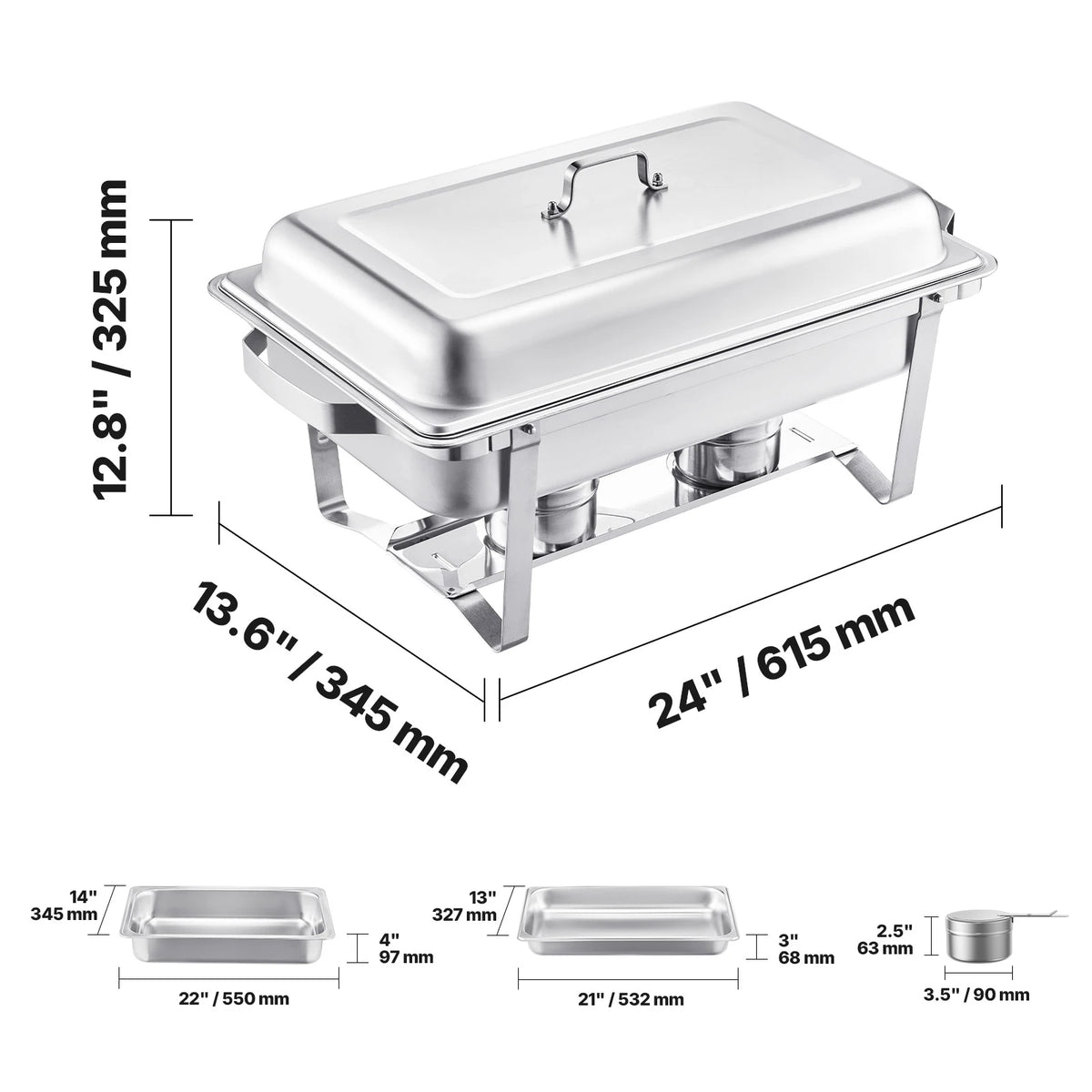Dimensions du chafing dish argenté et de ses bacs