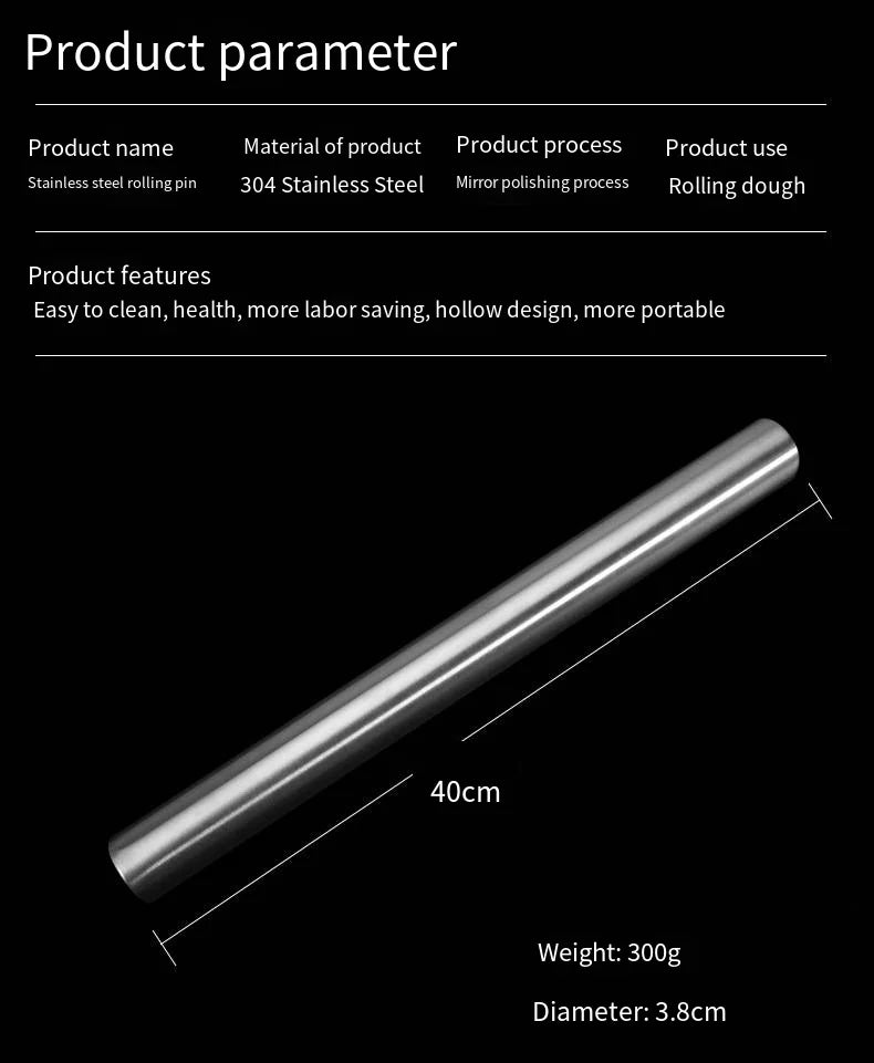 Rouleau à pâtisserie en acier inoxydable de 40 cm - Résistant et facile à nettoyer
