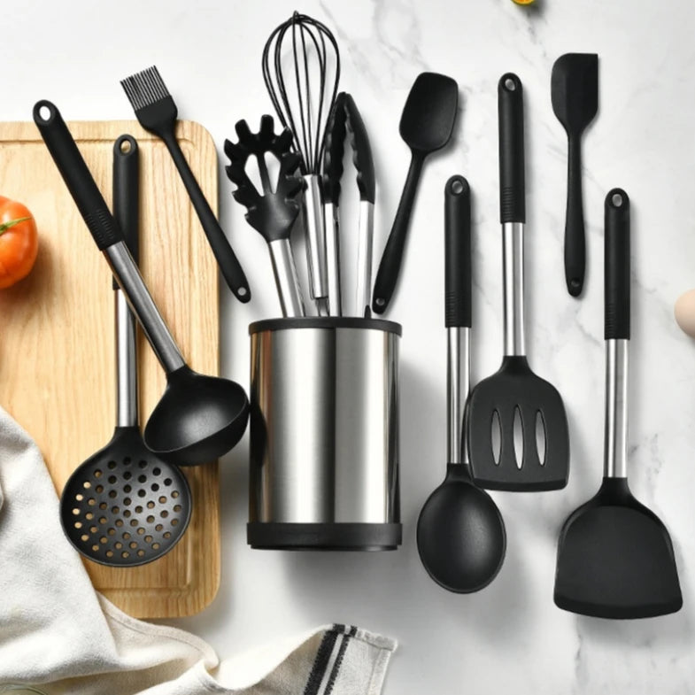 Set d'Ustensiles de Cuisine en Silicone avec Support Rotatif 360° - 12 pièces