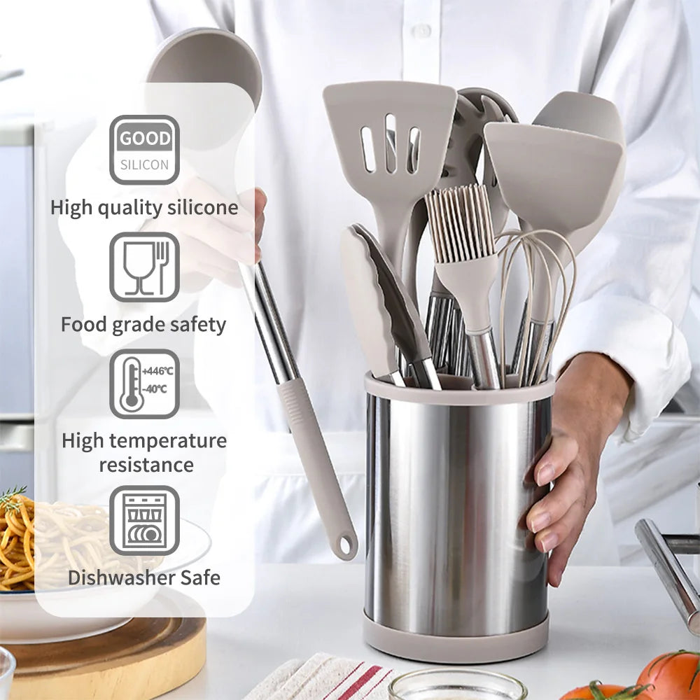 Set d'ustensiles de cuisine en silicone avec poignées en acier inoxydable