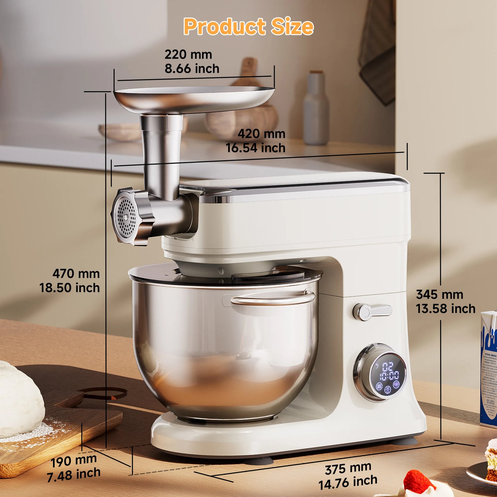 Dimensions du robot pâtissier 7 L avec hachoir monté