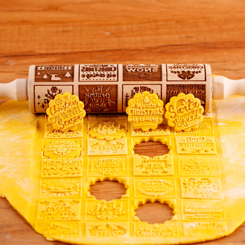 Rouleau à pâtisserie en bois gravé avec motifs de Noël - Outil de cuisson pour biscuits