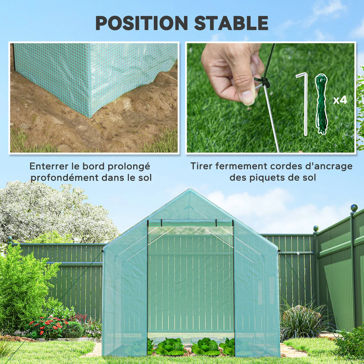 Serre de Jardin Tunnel 6 m² (2 × 3 m) — Bâche PE Anti-UV, 4 Fenêtres, Porte Enroulable, Armature Acier Galvanisé