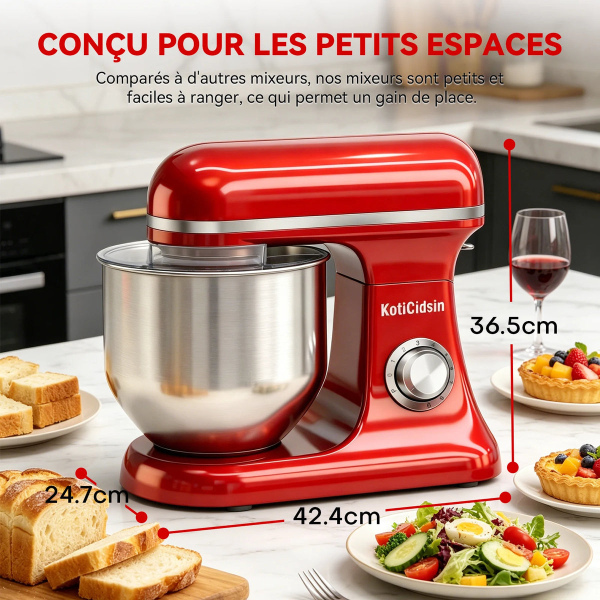 Dimensions du robot pâtissier 8 L : 42,4 x 24,7 x 36,5 cm