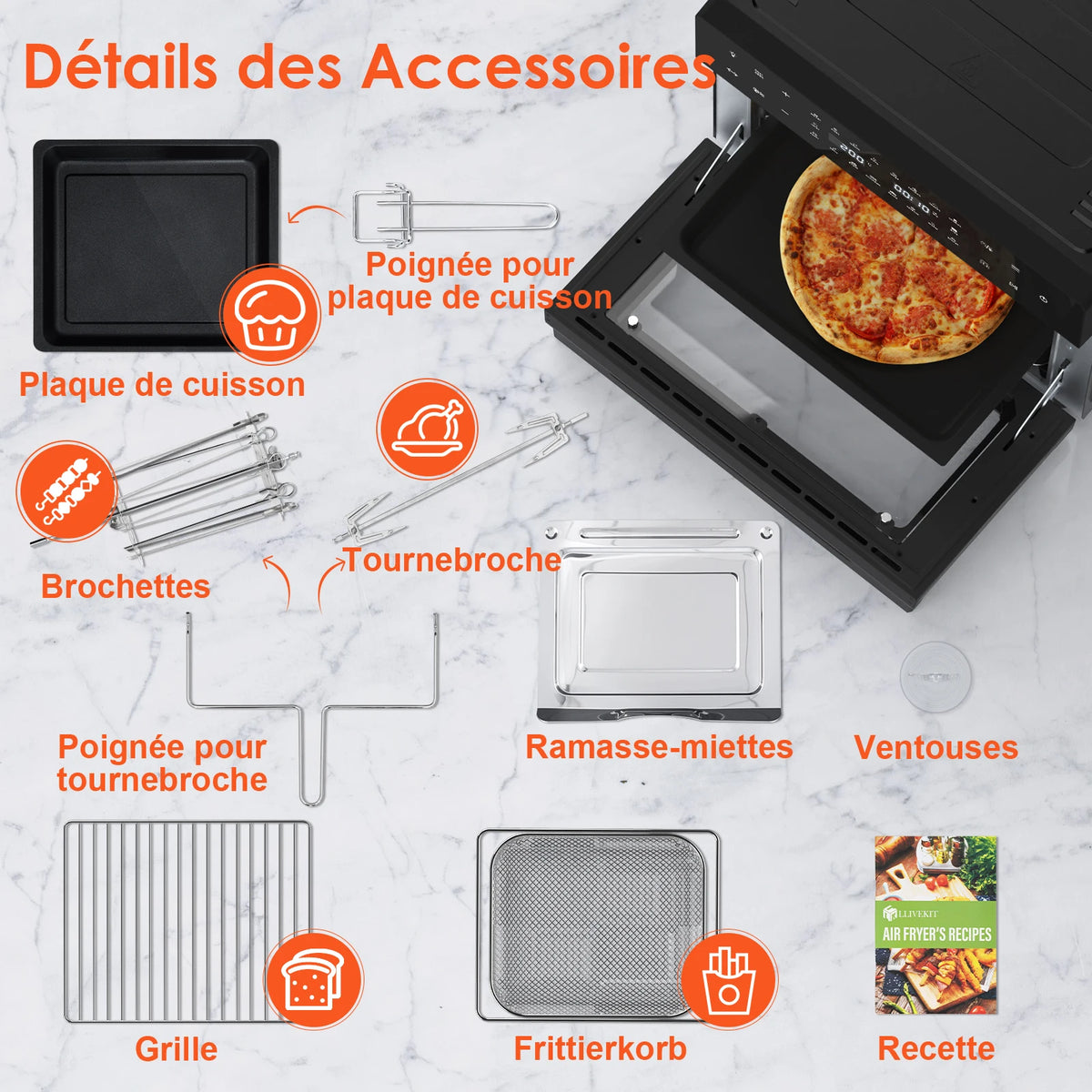 Accessoires du four air fryer 30 L : tournebroche, brochettes, gril et panier