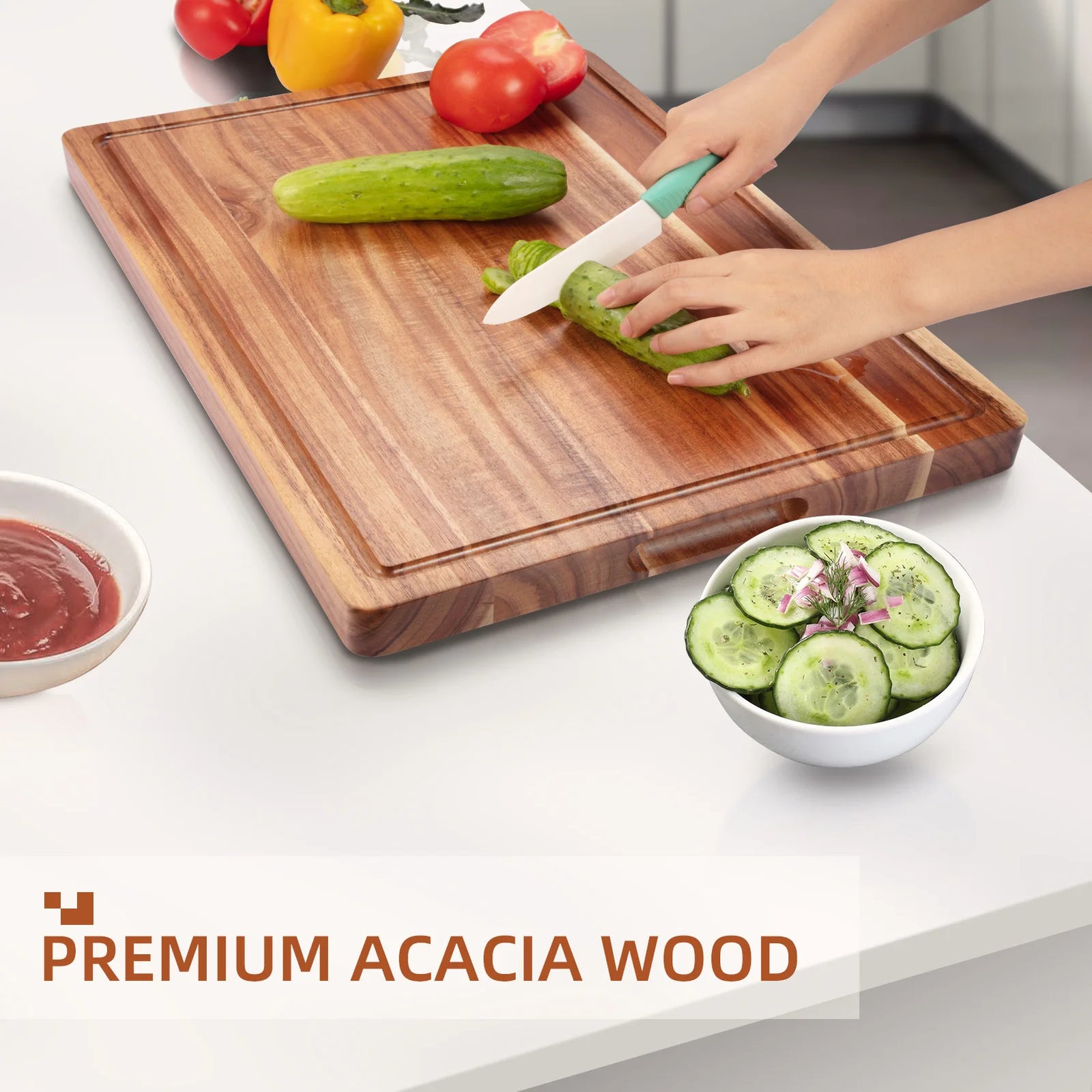 Planche à Découper en Bois d'Acacia Massif avec Rainures Jus et Poignées — 51×38 cm ou 61×46 cm