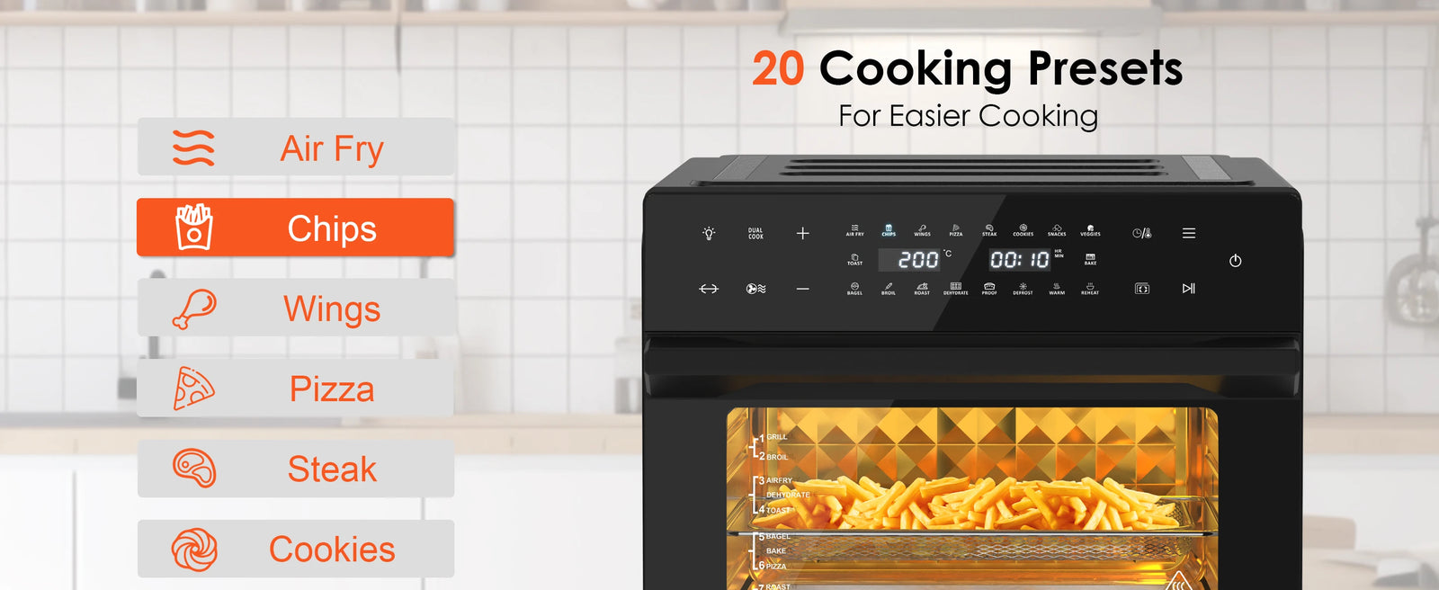 Écran tactile du four air fryer 30 L avec choix des programmes